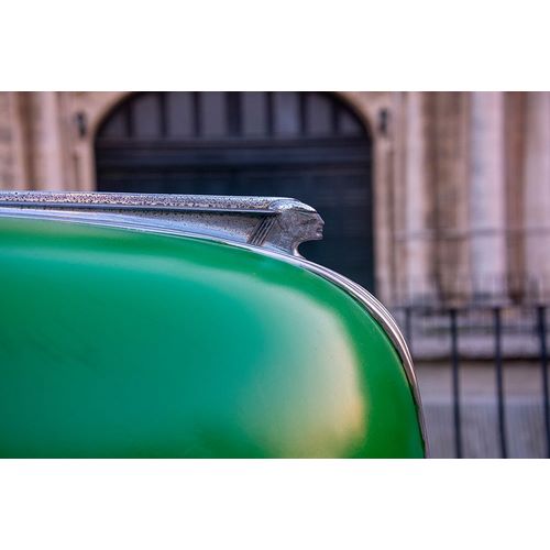 Detail of hood ornament on green classic American Pontiac car in Habana-Havana-Cuba